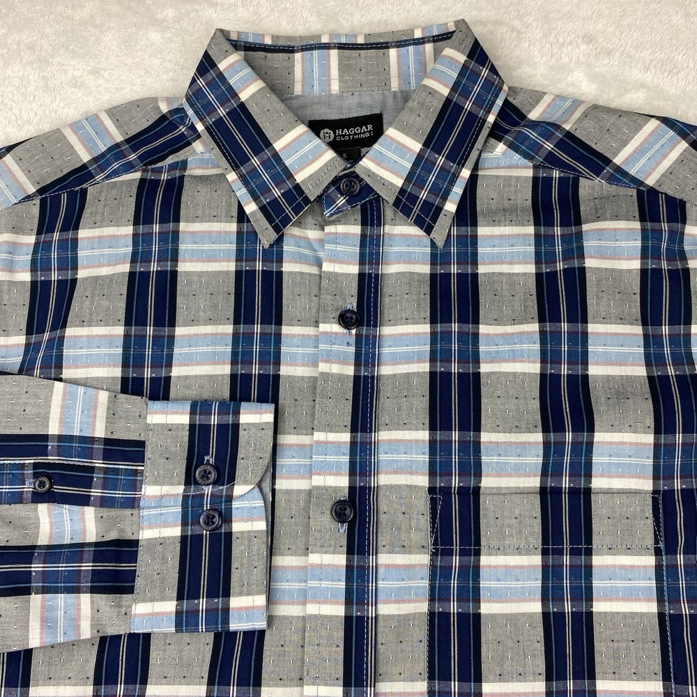 HAGGAR Dress Shirt Mens Small Blue/Gray Plaid New Without Tags!